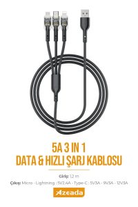 Azeada Micro / Type C / Lightning Data Kablosu PD-B94th 3 Lü Siyah