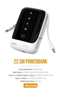 Azeada Power Bank AZ-P01 10000mAh Dahili Kablolu 22,5W Dijital Beyaz