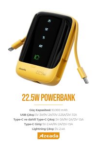 Azeada Power Bank AZ-P01 10000mAh Dahili Kablolu 22,5W Dijital Sari