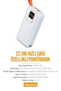 Azeada Power Bank AZ-P03 10000mAh Dahili Kablolu 22,5W Dijital Beyaz