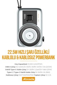 Azeada Power Bank AZ-P13 10000mAh Dahili Kablolu 22,5W 15W Magnetic Wireless Gümüş