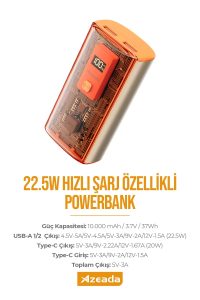 Azeada Power Bank AZ-P18 10000mAh 22,5W Dijital Turuncu