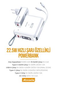 Azeada Power Bank PD-P110 15000mAh Dahili Kablolu 22,5W Dijital/Adaptörlü Beyaz